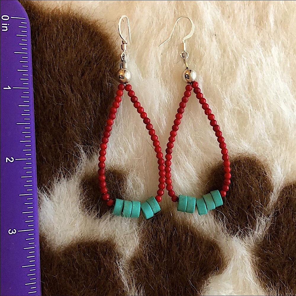 Reserved TURQUOISE BEADS & CORAL JACLA EARRINGS. NEW ARTISAN HANDMADE - Picture 2 of 3